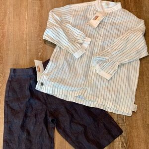 Linen navy blue shorts & white linen pin-striped shirt set
